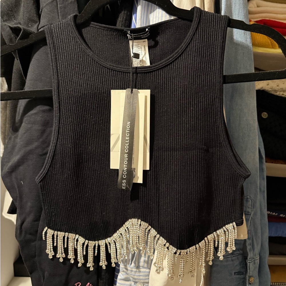 Zara Black Tank Top with Silver Beaded Hem